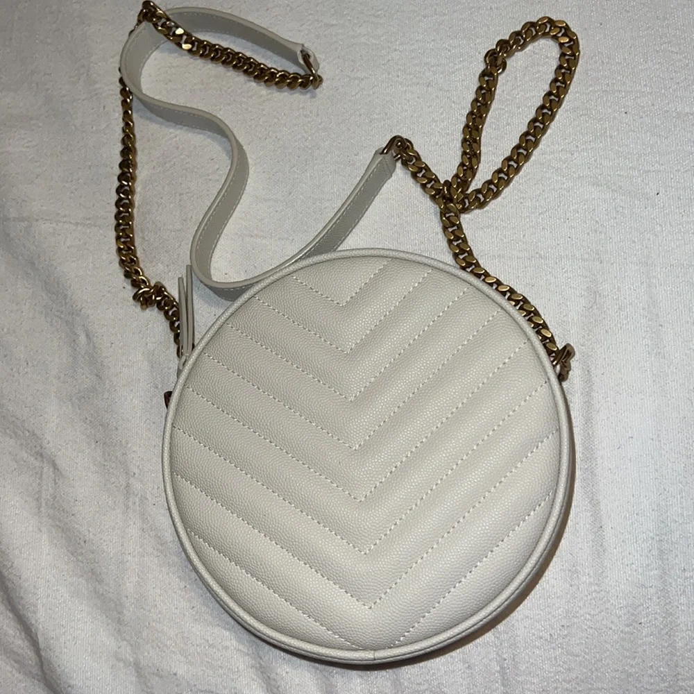 Yves Saint Laurent White Quilted Round Crossbody Bag with Gold Hardware
